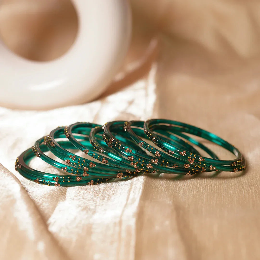 Glass Bangle with Beads Studded for Women & Girls (Pack of 12 Bangles) - The Golden Cascade